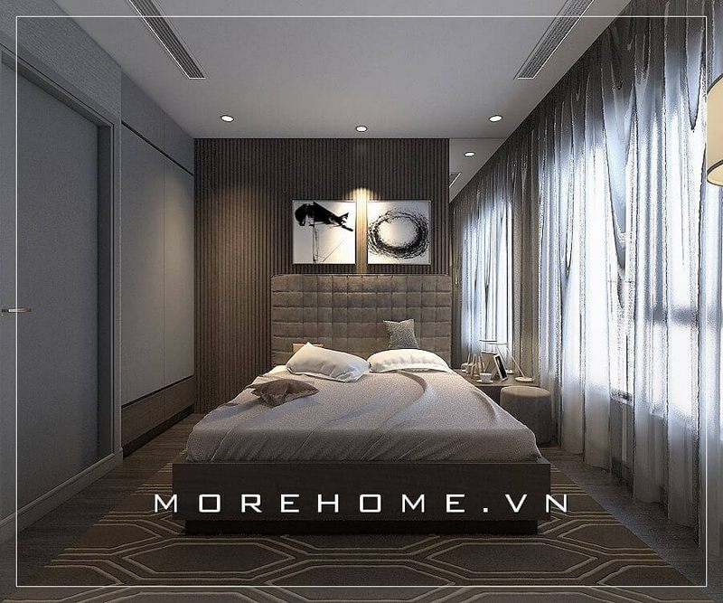 Giường ngủ chung cư hiện đại đầy ấn tượng, gam màu nâu trầm chủ đạo tạo nên sự thoải mái và ấm áp hơn